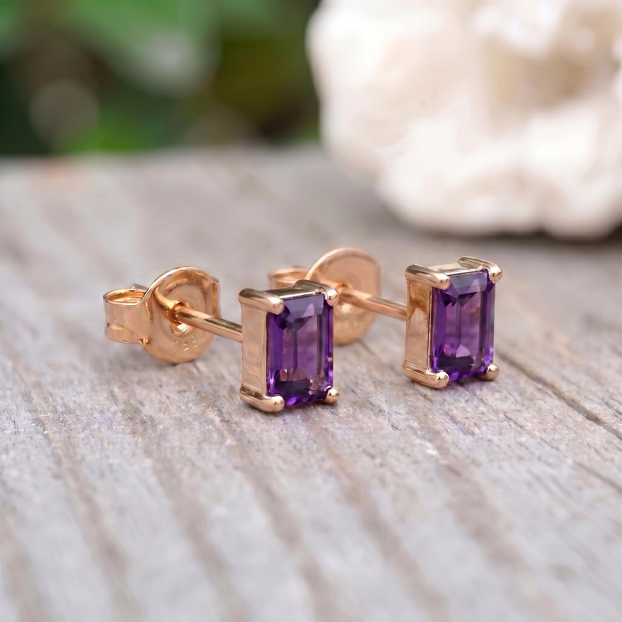 Emerald Cut Amethyst Stud Earrings 18K Gold, February Birthstone Earrings, Minimalist Gold Gemstone Studs, Dainty Earrings for Her