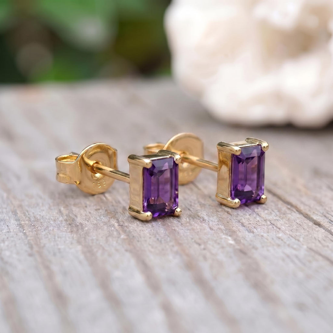 Emerald Cut Amethyst Stud Earrings 18K Gold, February Birthstone Earrings, Minimalist Gold Gemstone Studs, Dainty Earrings for Her