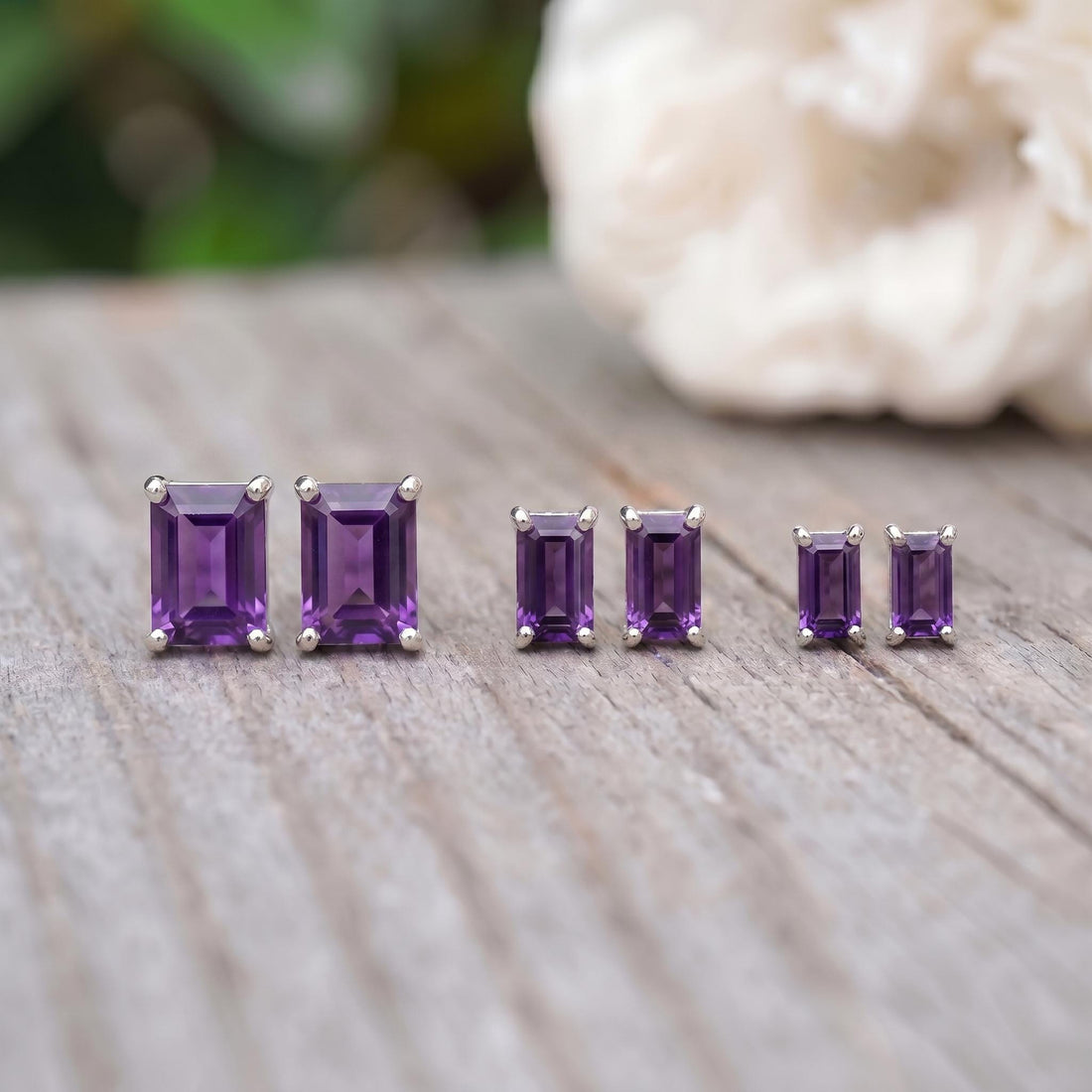 Emerald Cut Amethyst Stud Earrings 18K Gold, February Birthstone Earrings, Minimalist Gold Gemstone Studs, Dainty Earrings for Her