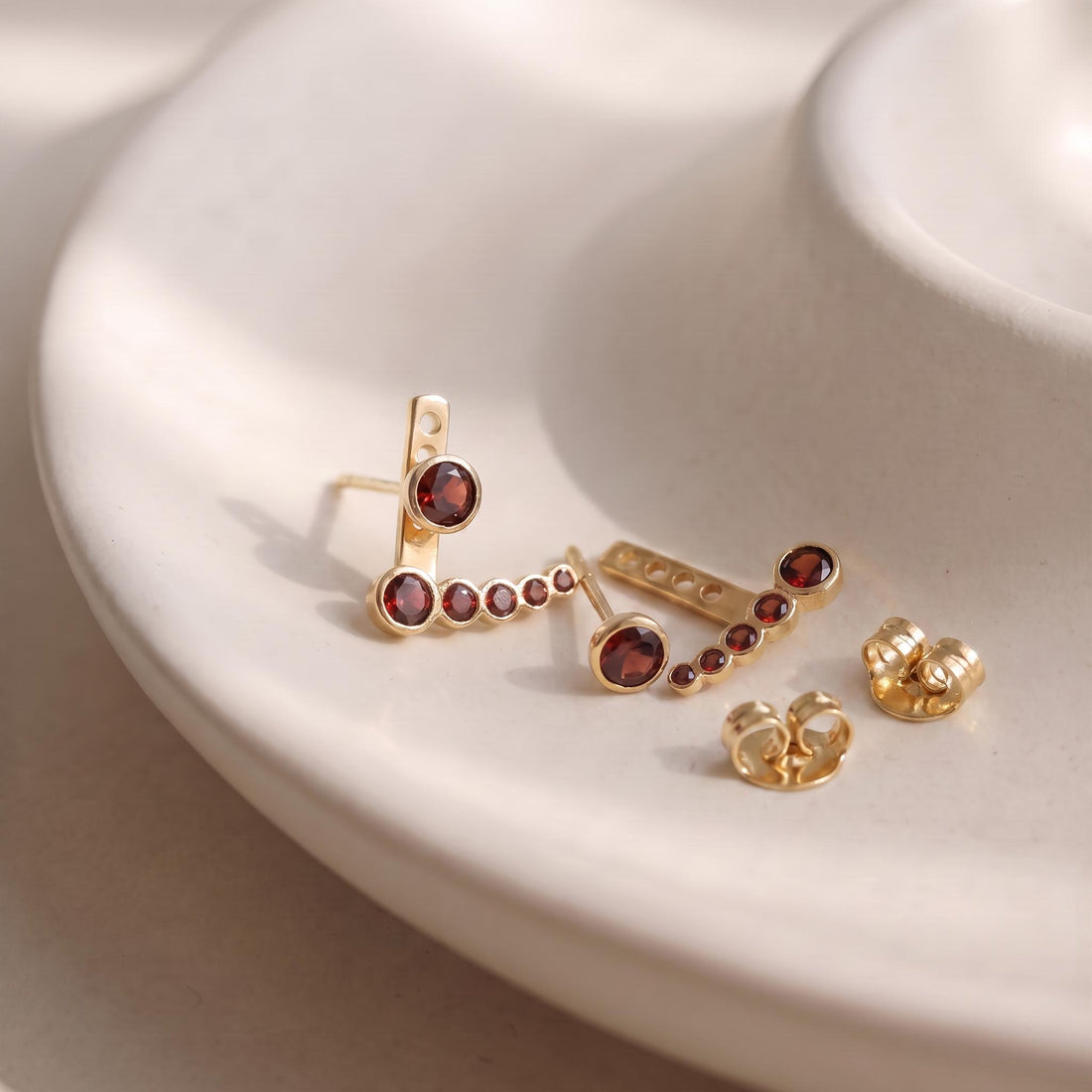 Garnet Ear Climber & Stud Earring Set in Gold | Delicate Bezel Set Gemstone Crawler | January Birthstone Jewelry Gift for Her