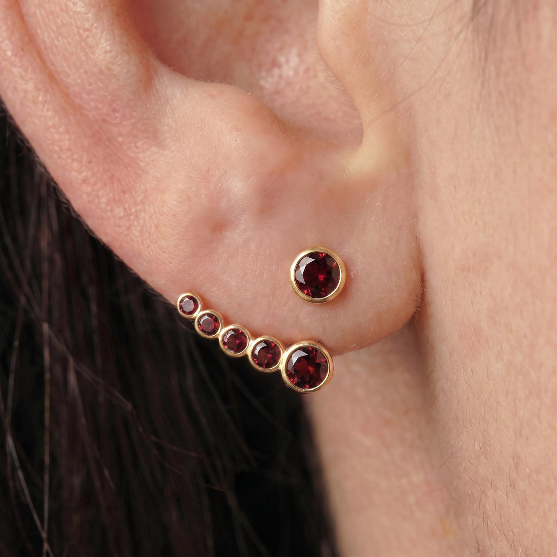 Garnet Ear Climber & Stud Earring Set in Gold | Delicate Bezel Set Gemstone Crawler | January Birthstone Jewelry Gift for Her