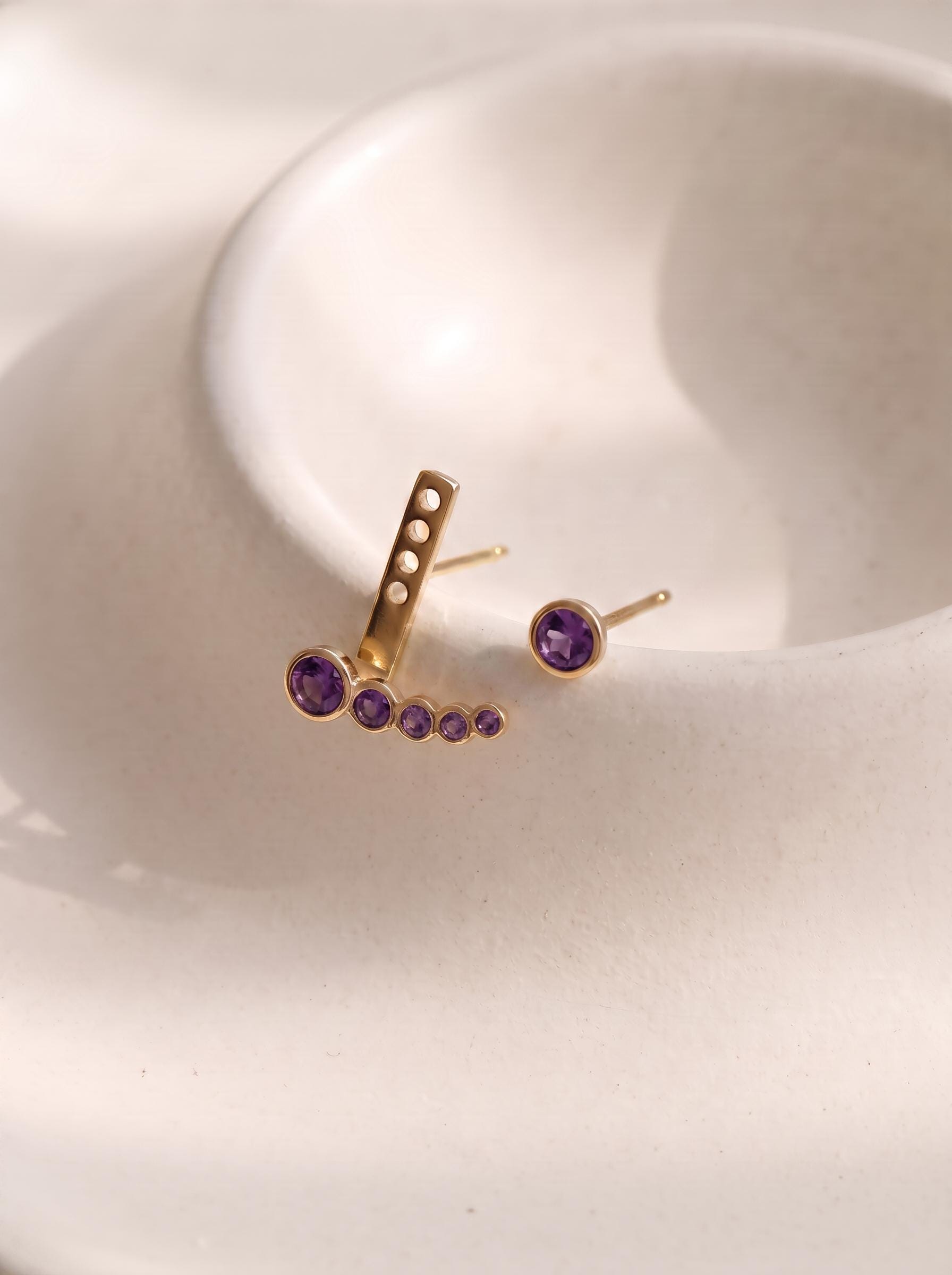 Amethyst Gold Ear Climber Earrings, Delicate Purple Gemstone Ear Crawler, Minimalist Curved Bar Studs, Elegant Everyday Jewelry Gift for Her