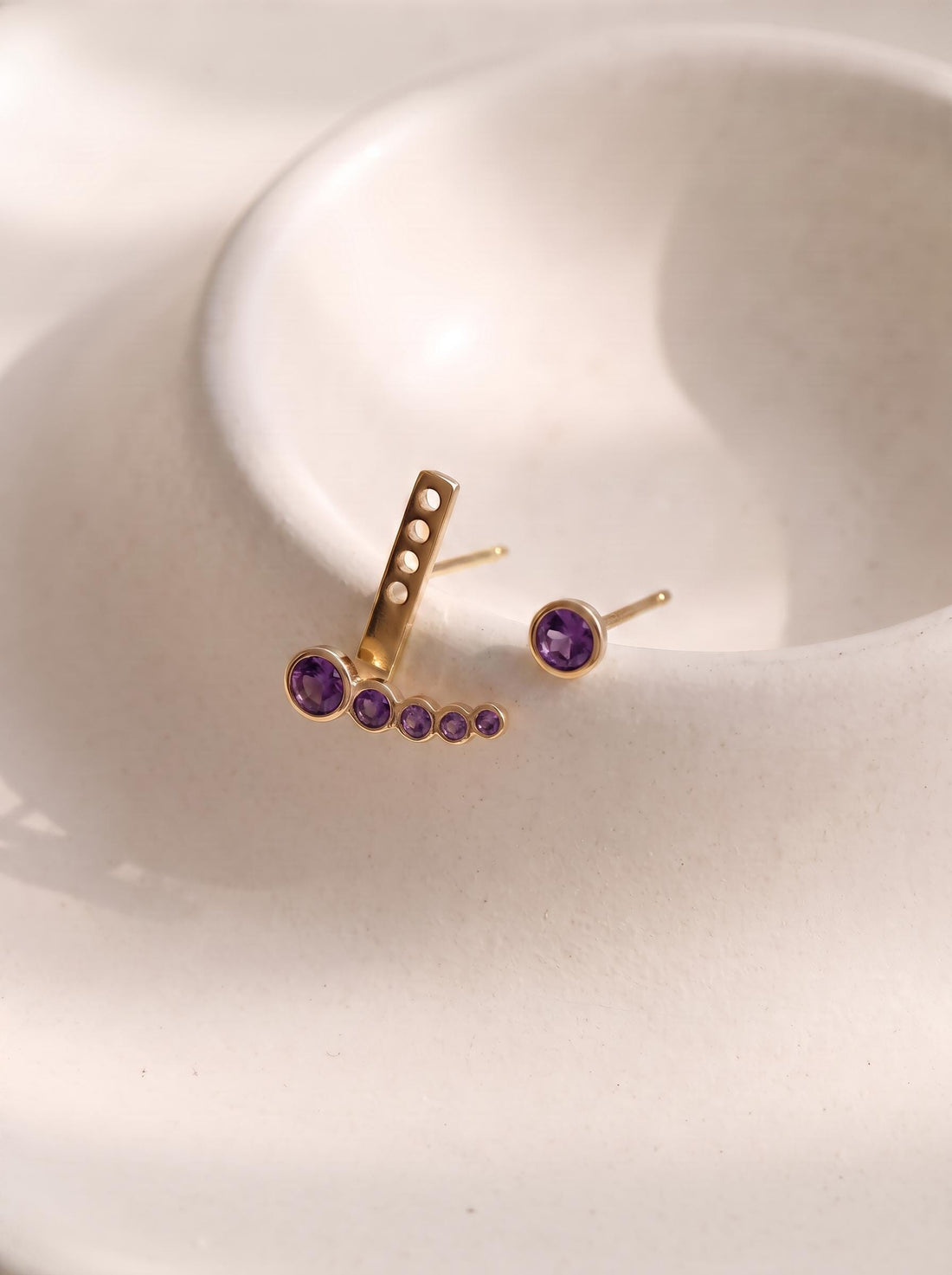 Amethyst Gold Ear Climber Earrings, Delicate Purple Gemstone Ear Crawler, Minimalist Curved Bar Studs, Elegant Everyday Jewelry Gift for Her