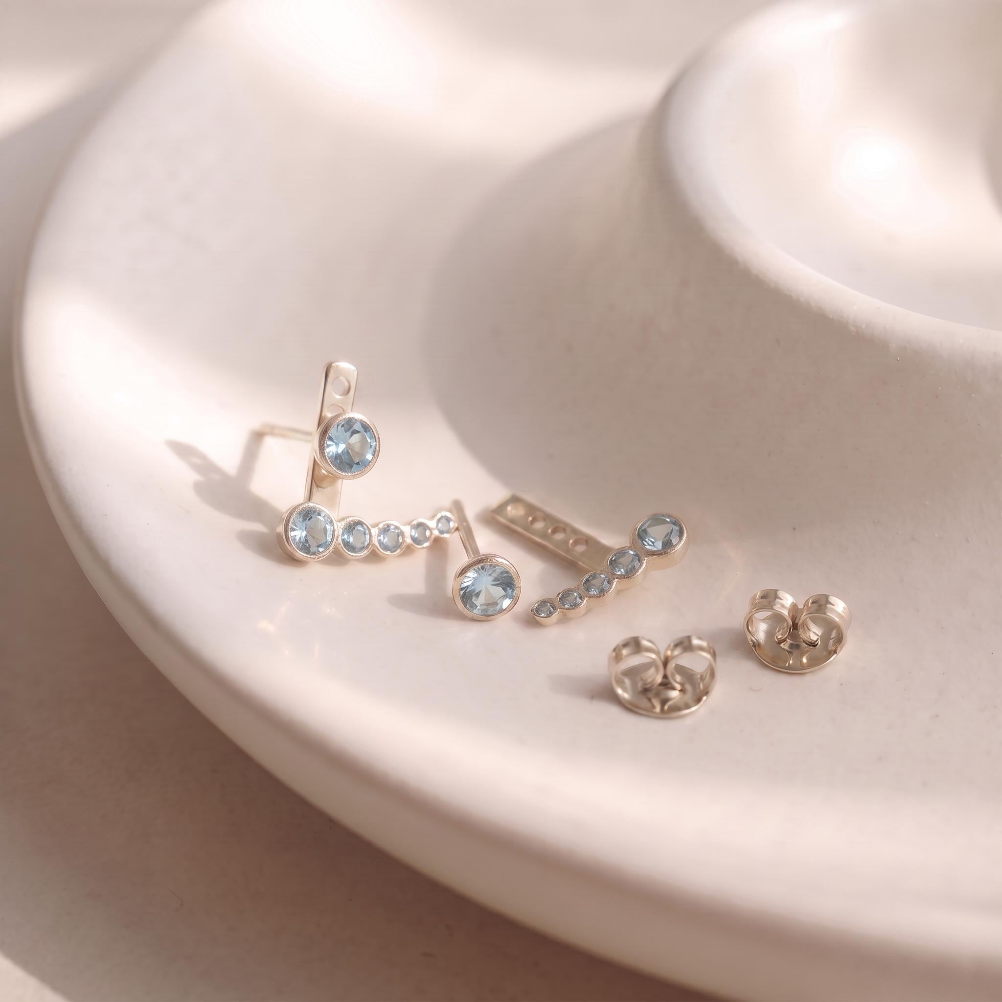 Dainty Gold Aquamarine Ear Jacket Earrings | Bezel Set Blue Topaz Studs | Modern Climber Jewelry