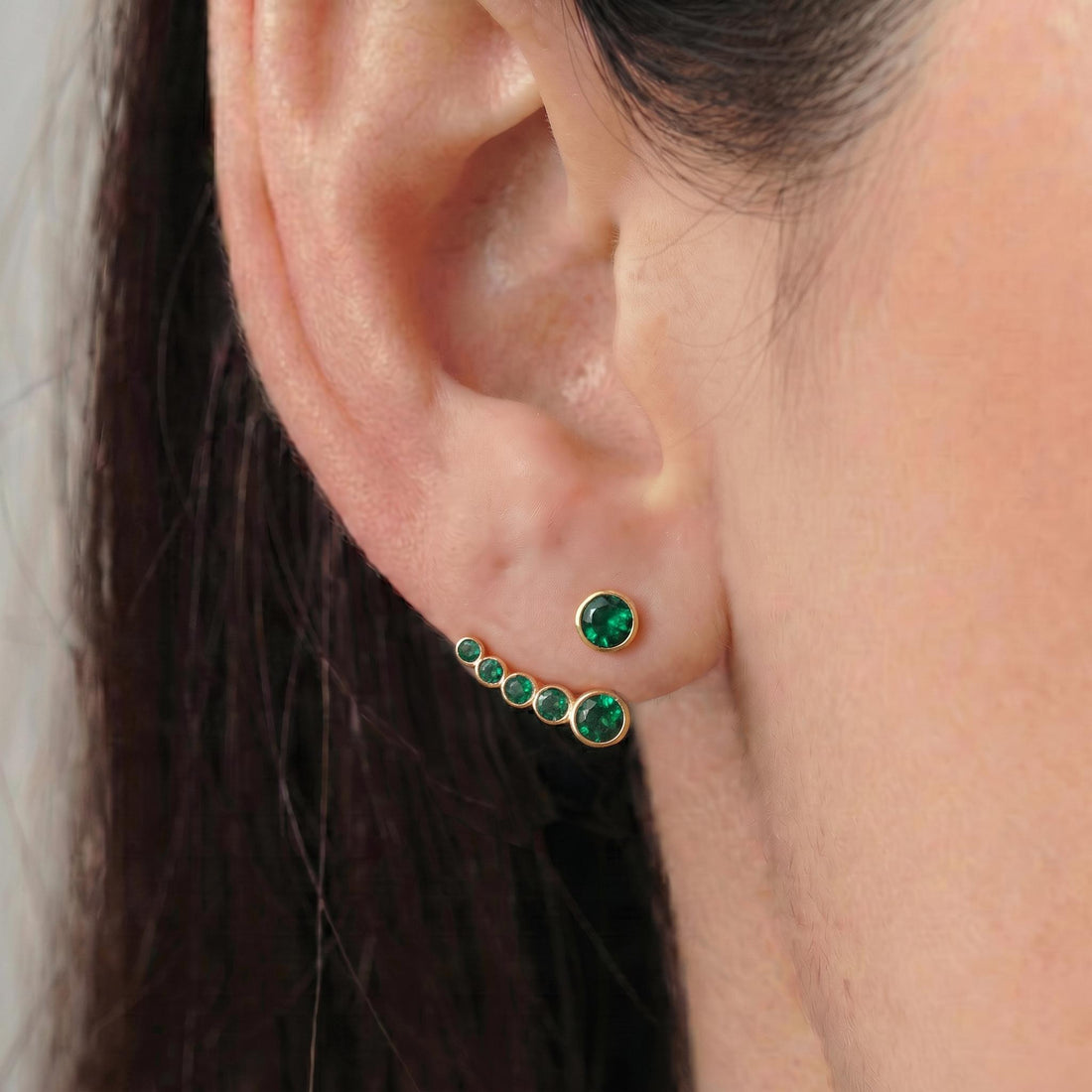Emerald Green Ear Jacket Earrings | Rose Gold Ear Climber Studs | Dainty Gemstone Stackable Jewelry | Unique Minimalist Gift for Her