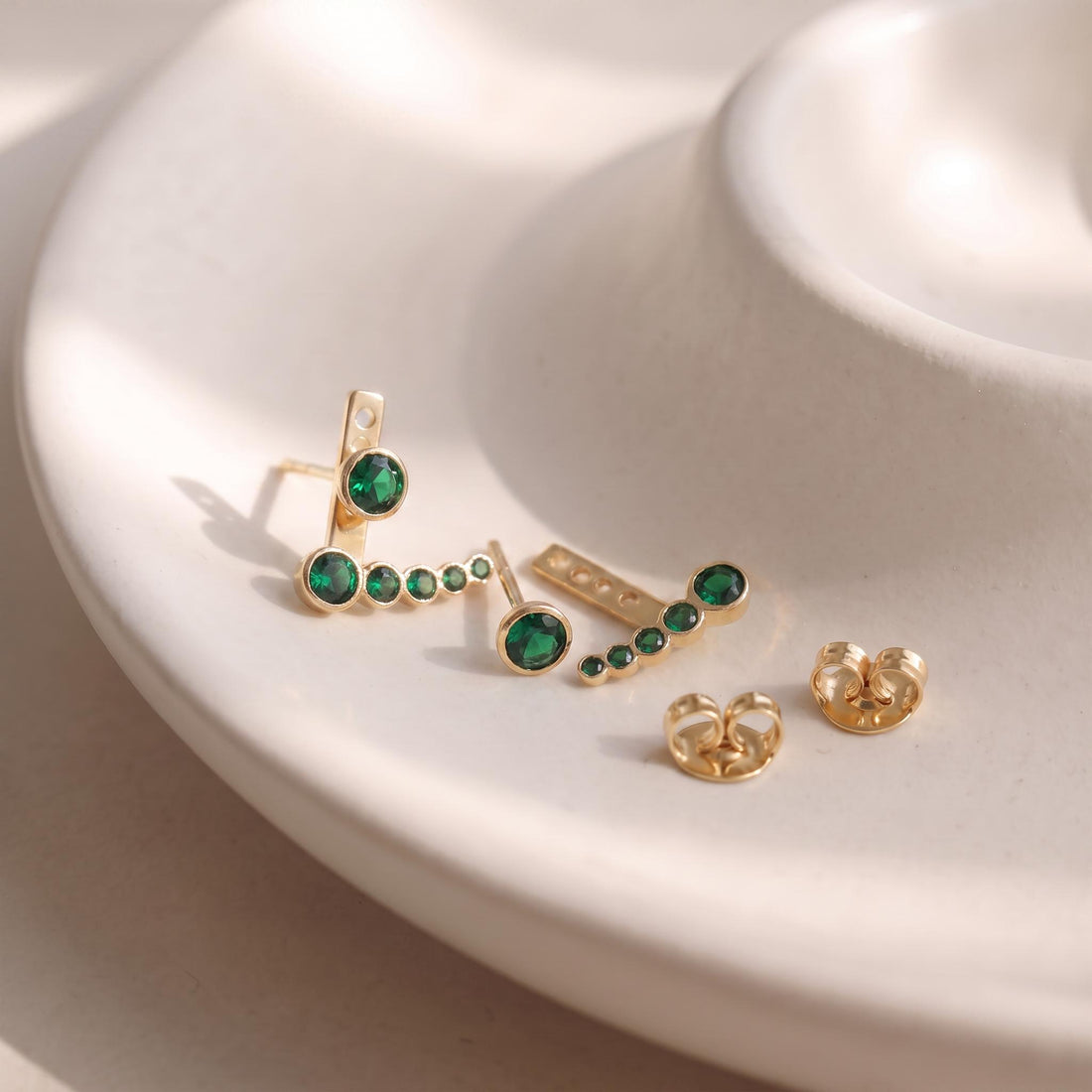 Emerald Green Ear Jacket Earrings | Rose Gold Ear Climber Studs | Dainty Gemstone Stackable Jewelry | Unique Minimalist Gift for Her