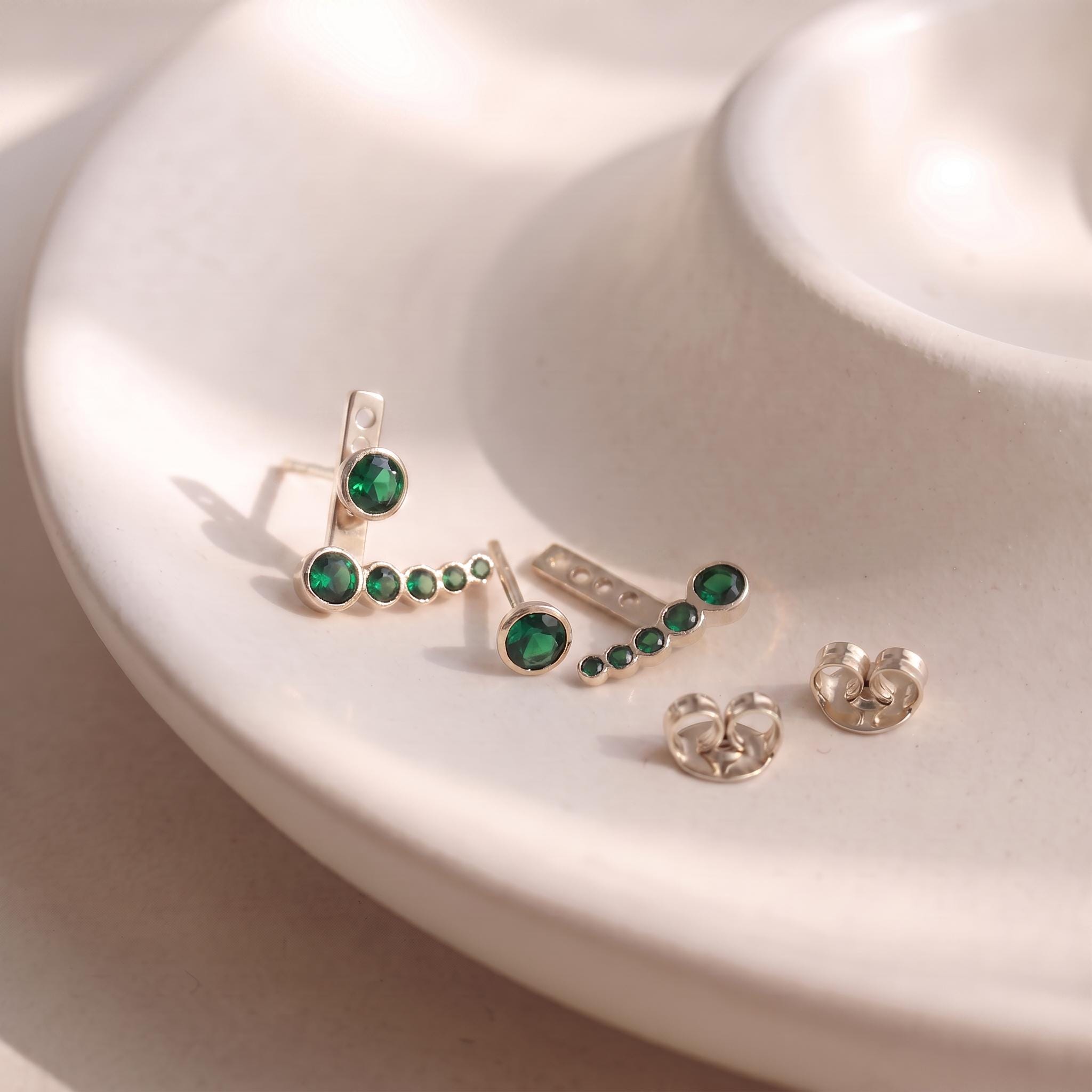 Emerald Green Ear Jacket Earrings | Rose Gold Ear Climber Studs | Dainty Gemstone Stackable Jewelry | Unique Minimalist Gift for Her