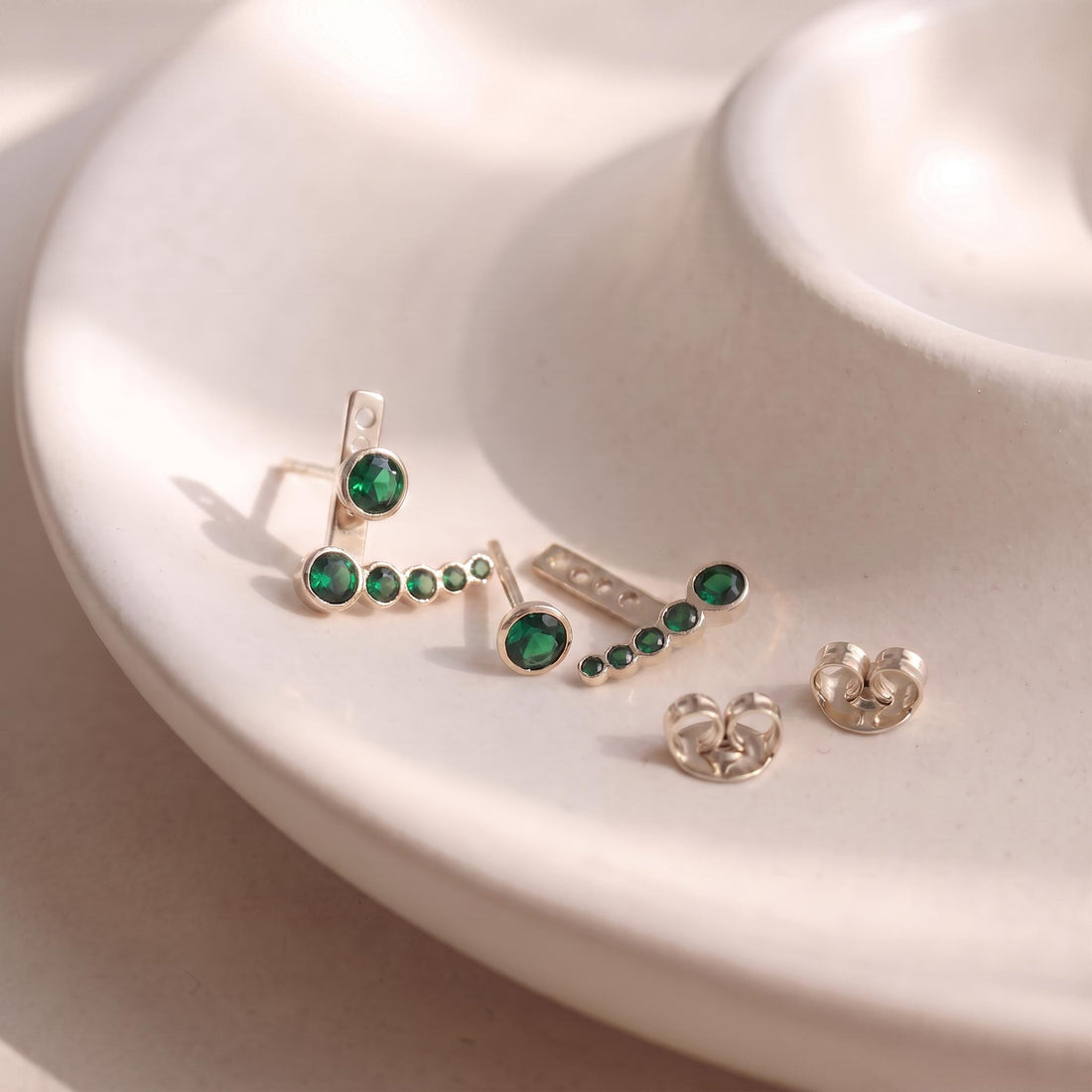 Emerald Green Ear Jacket Earrings | Rose Gold Ear Climber Studs | Dainty Gemstone Stackable Jewelry | Unique Minimalist Gift for Her