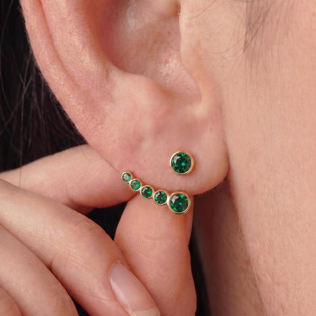 Emerald Green Ear Jacket Earrings | Rose Gold Ear Climber Studs | Dainty Gemstone Stackable Jewelry | Unique Minimalist Gift for Her