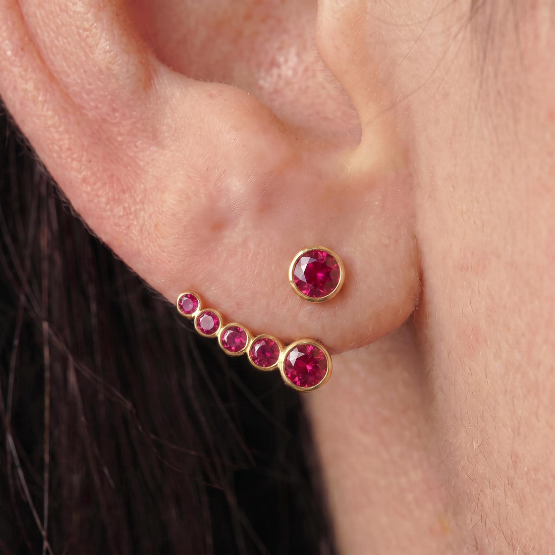 Dainty Gold Ruby Ear Climbers, Minimalist Bezel Set Red Gemstone Earrings, Elegant Crawler Studs, Unique Jewelry Gift