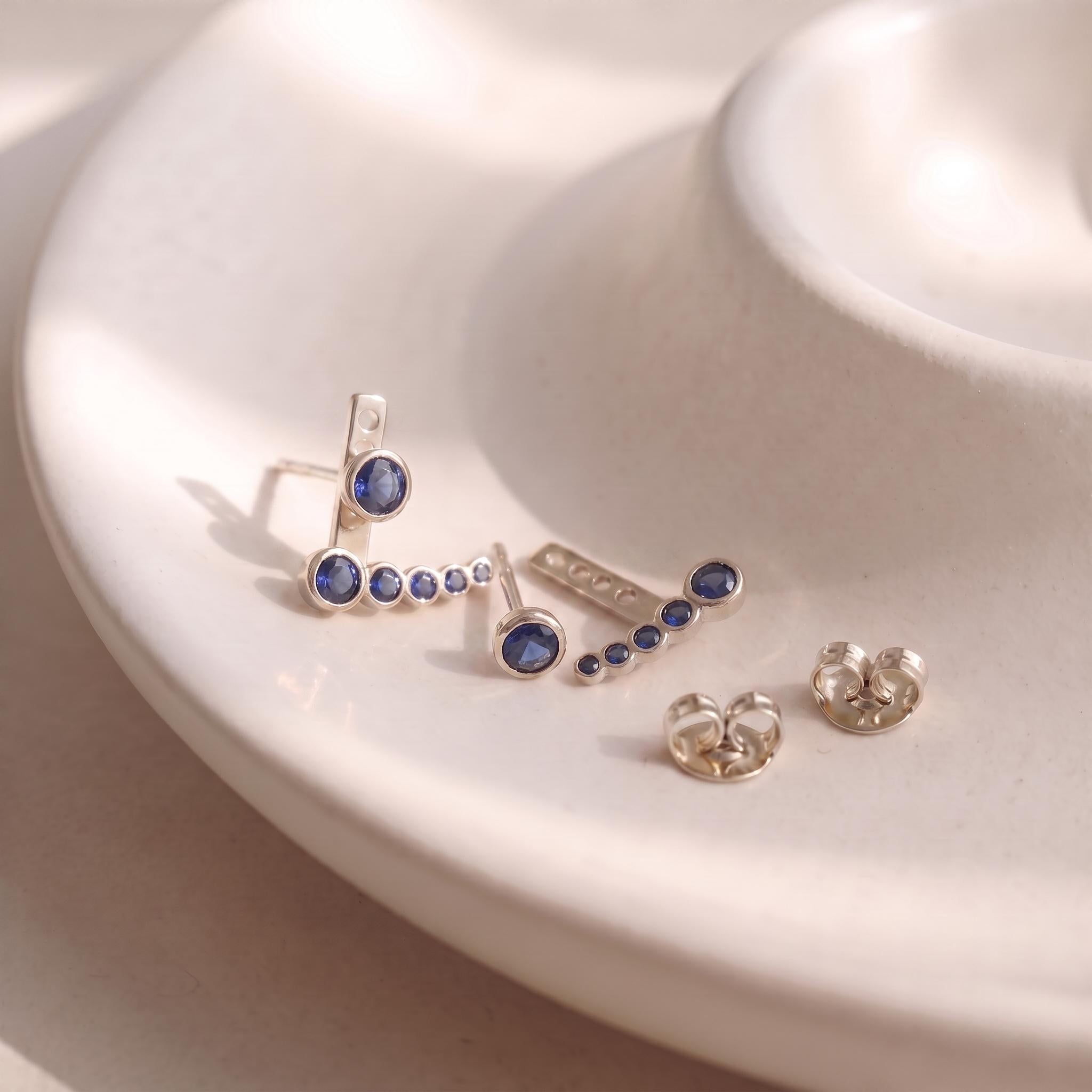 Delicate Sapphire Ear Climber & Stud Set | 14K Gold Bezel Gemstone Earrings | Minimalist September Birthstone Jewelry Gift for Her