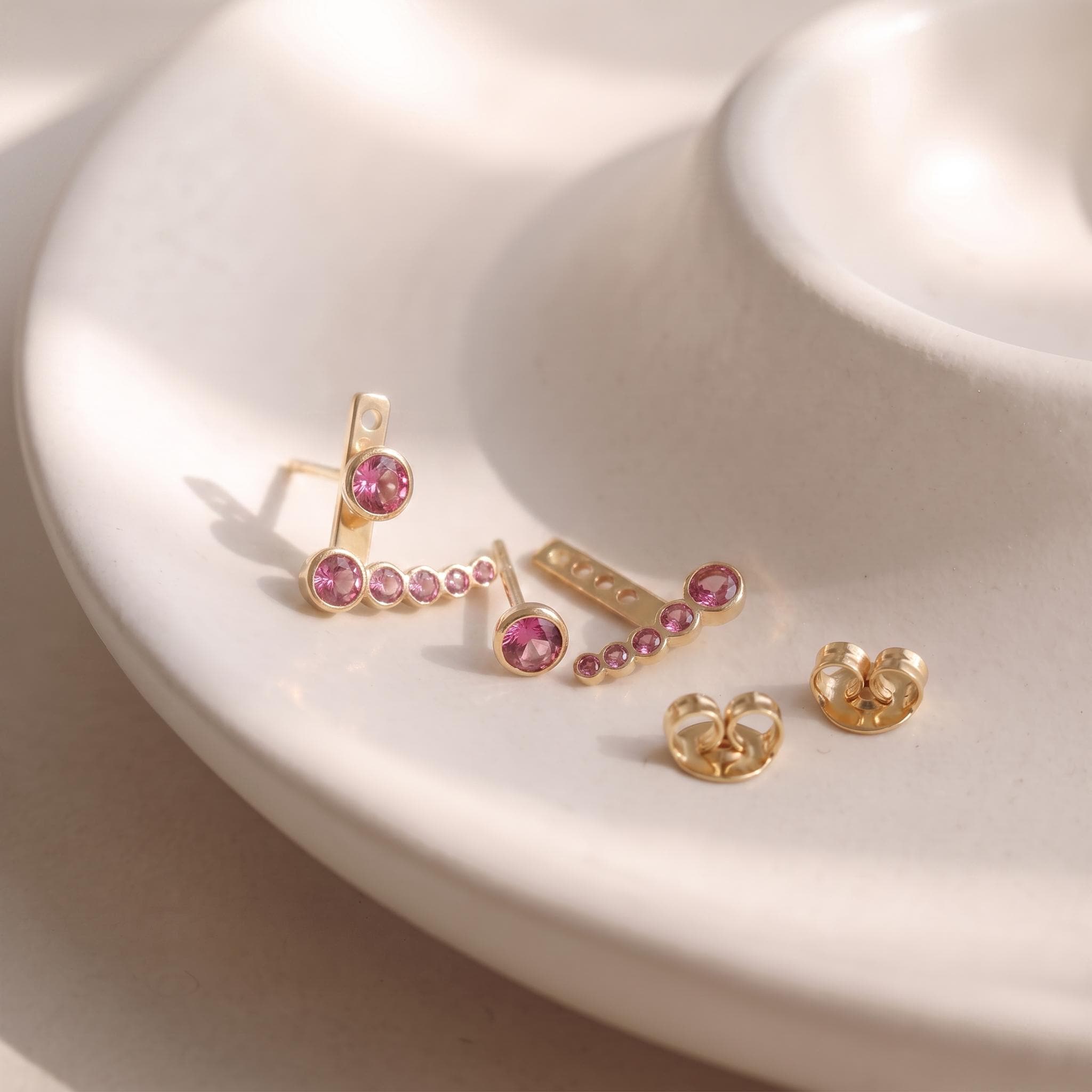 Pink Tourmaline Ear Climber & Stud Set | 14K Gold Bezel Gemstone Earrings | Modern Minimalist Crawler | October Birthstone Gift for Her