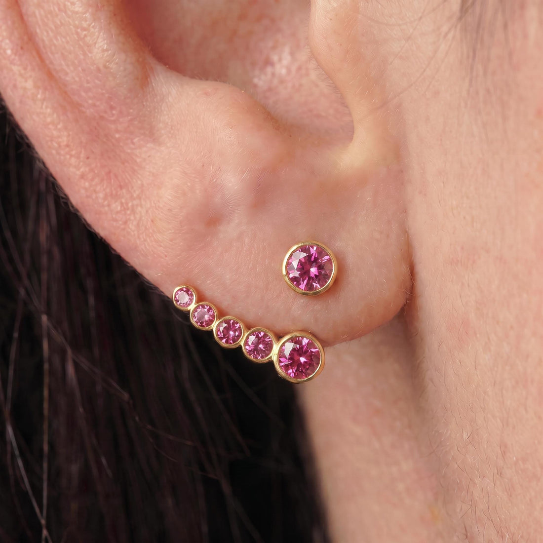 Pink Tourmaline Ear Climber & Stud Set | 14K Gold Bezel Gemstone Earrings | Modern Minimalist Crawler | October Birthstone Gift for Her