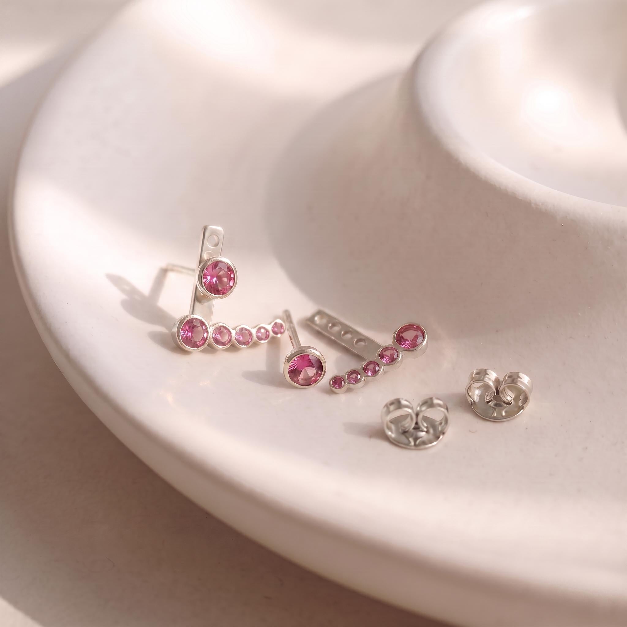 Pink Tourmaline Ear Climber & Stud Set | 14K Gold Bezel Gemstone Earrings | Modern Minimalist Crawler | October Birthstone Gift for Her