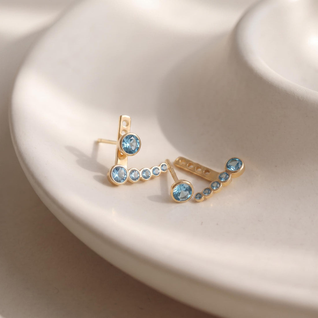 Blue Topaz Ear Climber & Stud Set | 14K Gold Filled Gemstone Earrings | Dainty Minimalist Crawler | December Birthstone Gift for Her