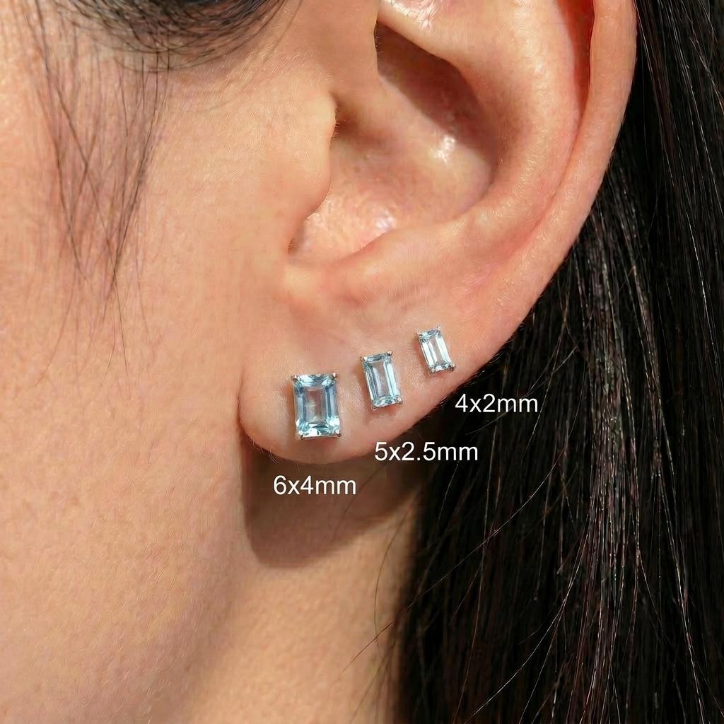 Aquamarine Stud Earrings, Emerald Cut Blue Gemstone Dainty Everyday Jewelry, March Birthstone Gift for Her
