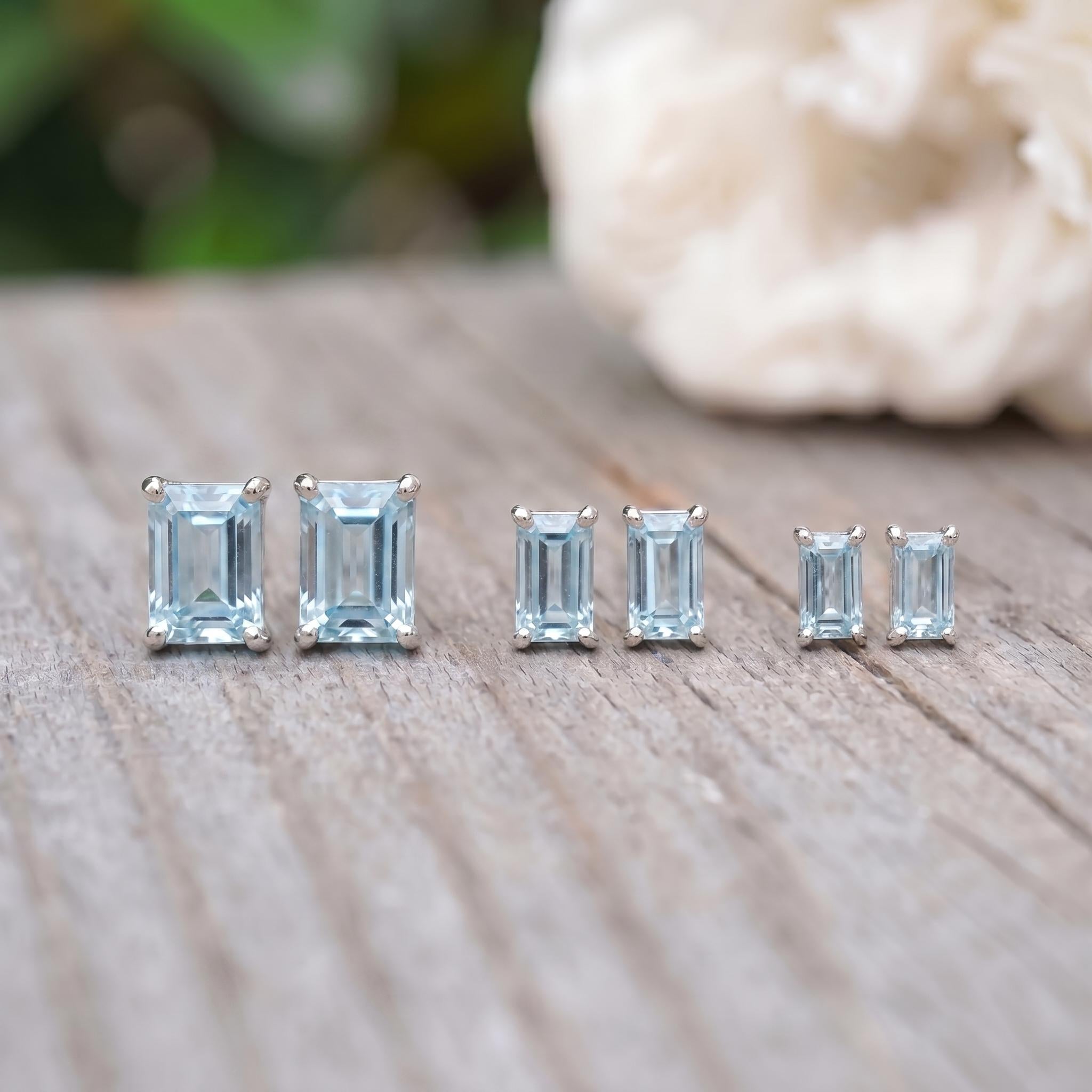 Aquamarine Stud Earrings, Emerald Cut Blue Gemstone Dainty Everyday Jewelry, March Birthstone Gift for Her