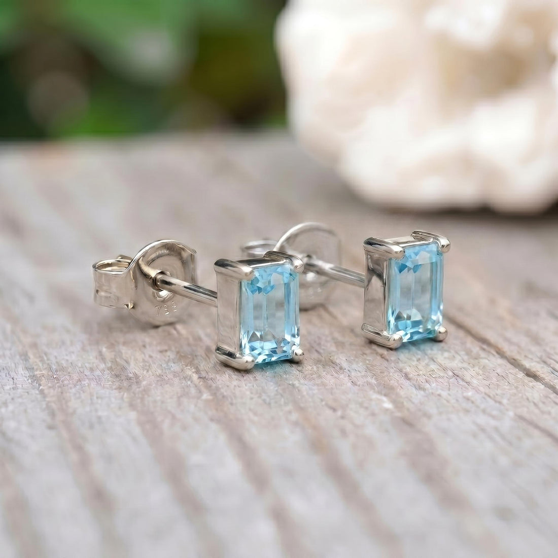 Aquamarine Stud Earrings, Emerald Cut Blue Gemstone Dainty Everyday Jewelry, March Birthstone Gift for Her