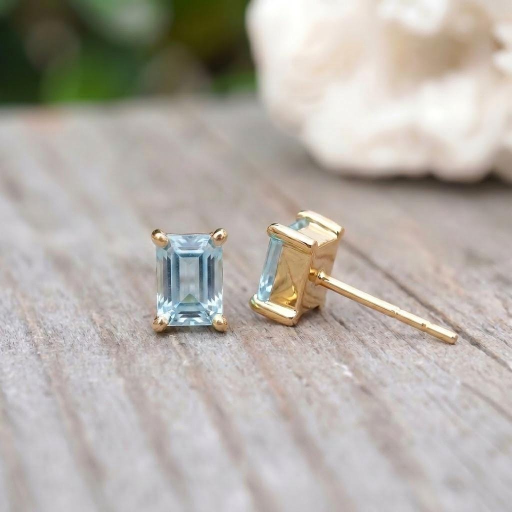 Aquamarine Stud Earrings, Emerald Cut Blue Gemstone Dainty Everyday Jewelry, March Birthstone Gift for Her