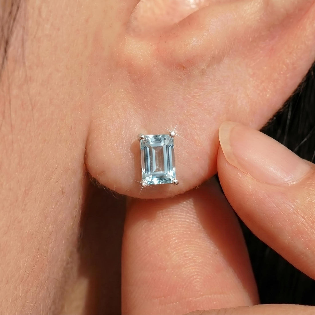 Aquamarine Stud Earrings, Emerald Cut Blue Gemstone Dainty Everyday Jewelry, March Birthstone Gift for Her