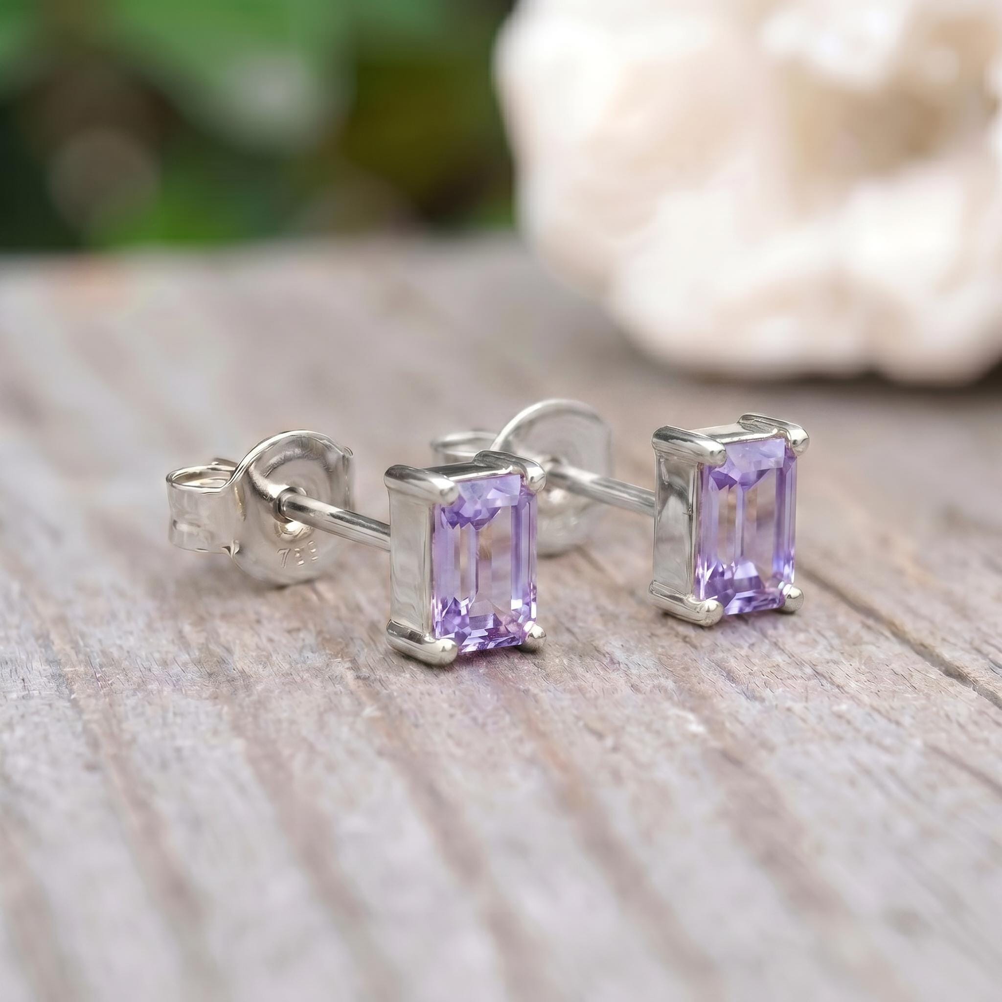 Emerald Cut Lavender Amethyst Stud Earrings - Dainty Solid Gold Purple Gemstone Minimalist Everyday Jewelry Gift