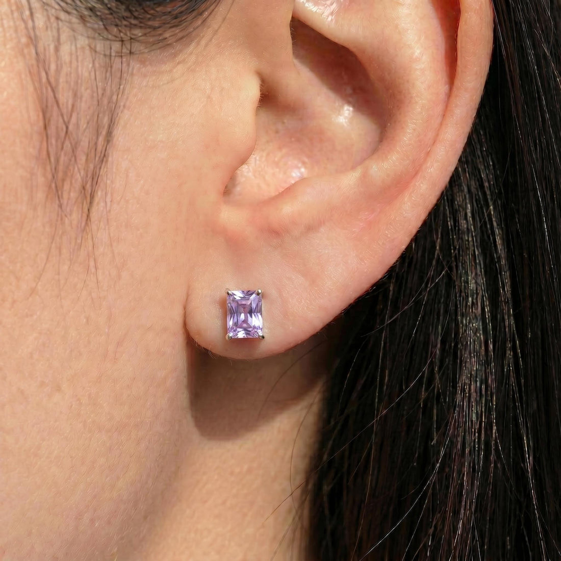 Emerald Cut Lavender Amethyst Stud Earrings - Dainty Solid Gold Purple Gemstone Minimalist Everyday Jewelry Gift
