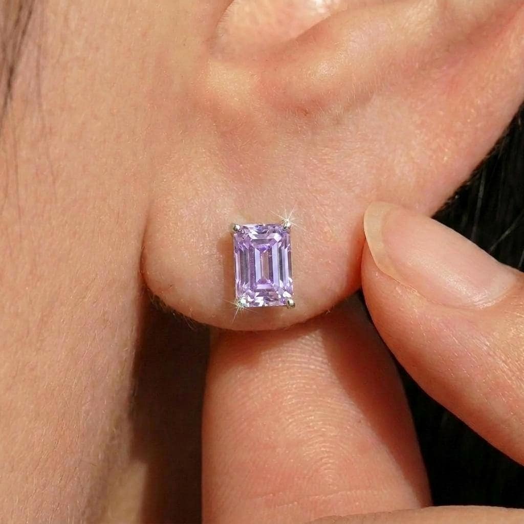 Emerald Cut Lavender Amethyst Stud Earrings - Dainty Solid Gold Purple Gemstone Minimalist Everyday Jewelry Gift