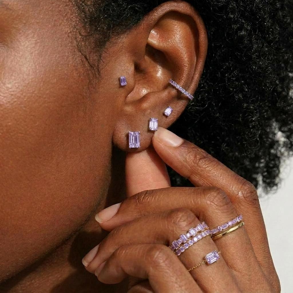 Emerald Cut Lavender Amethyst Stud Earrings - Dainty Solid Gold Purple Gemstone Minimalist Everyday Jewelry Gift