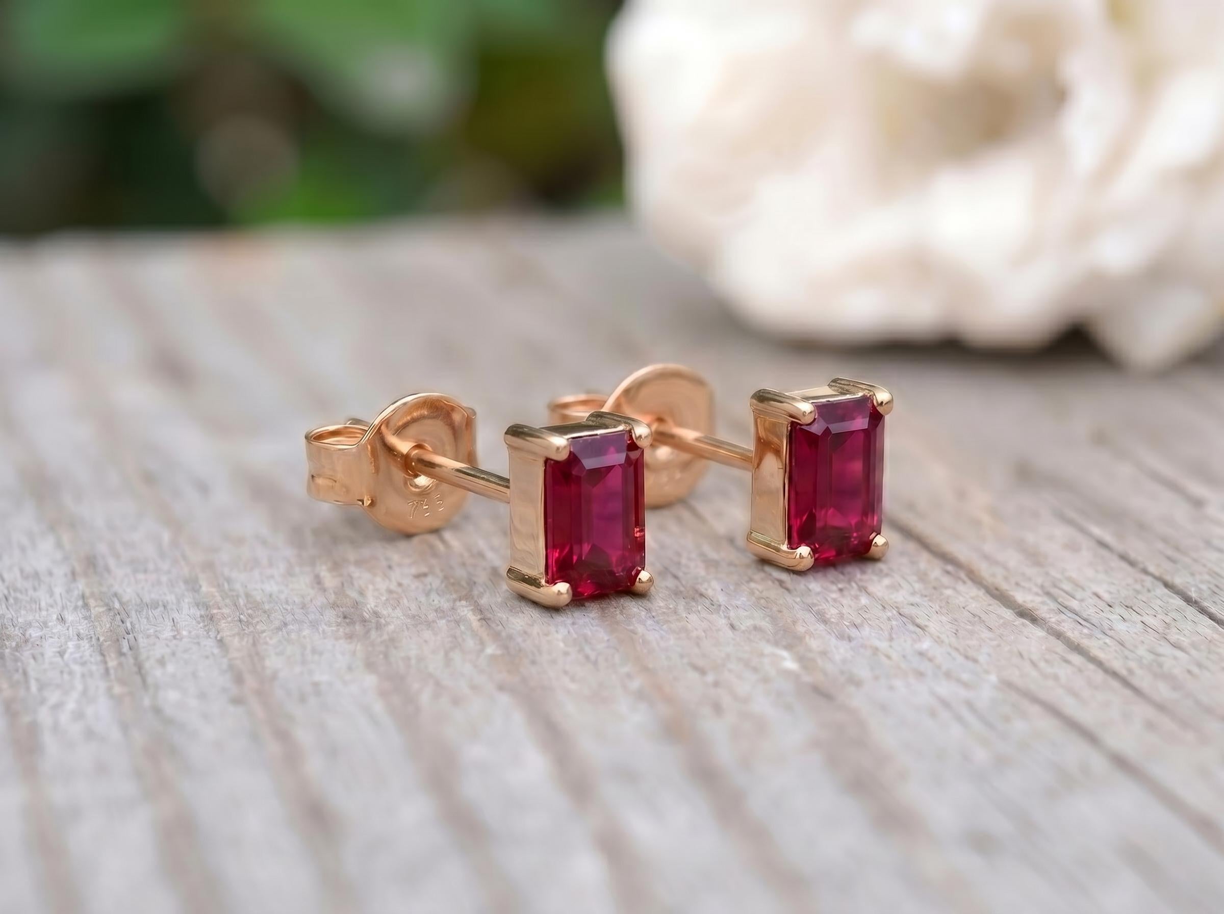Dainty Emerald Cut Ruby Stud Earrings, 18K Gold Minimalist Fine Jewelry, July Birthstone Gift for Her