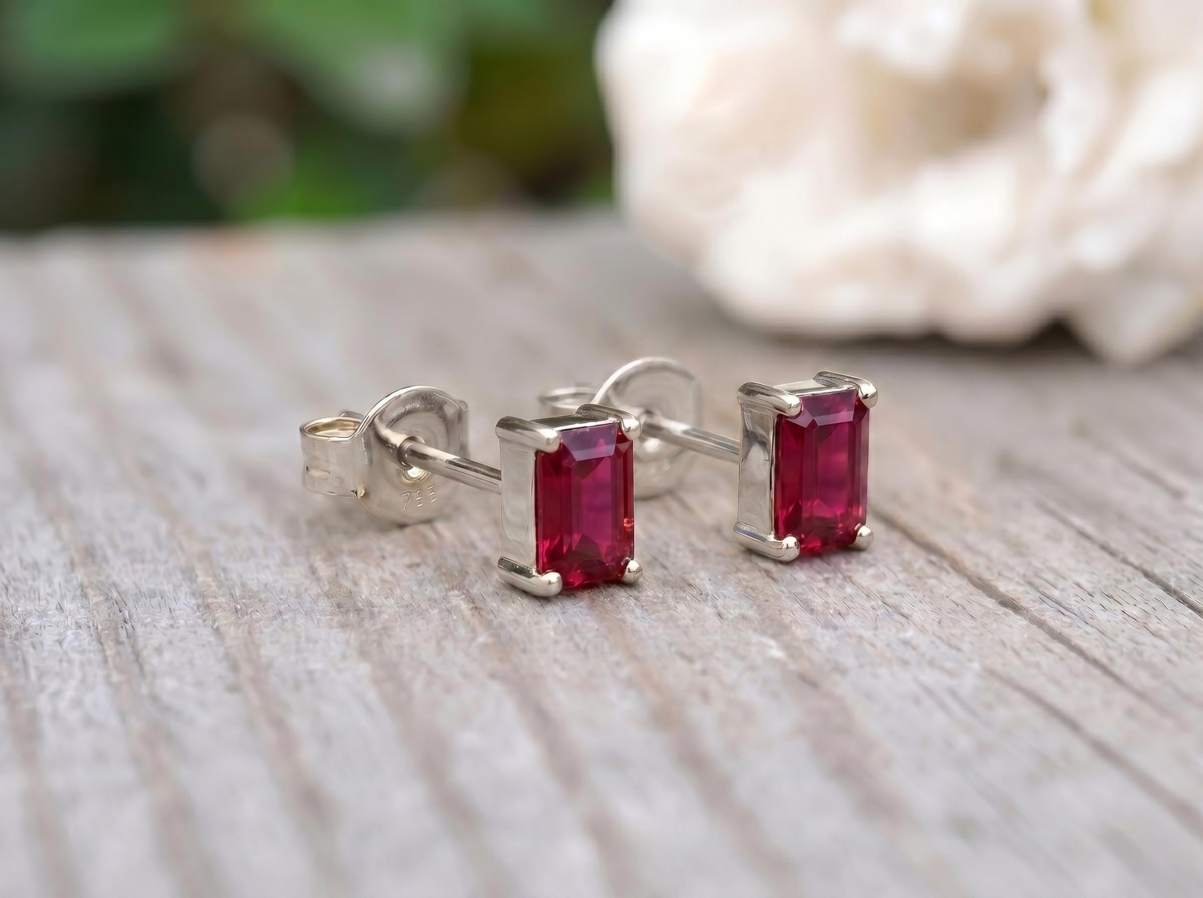 Dainty Emerald Cut Ruby Stud Earrings, 18K Gold Minimalist Fine Jewelry, July Birthstone Gift for Her