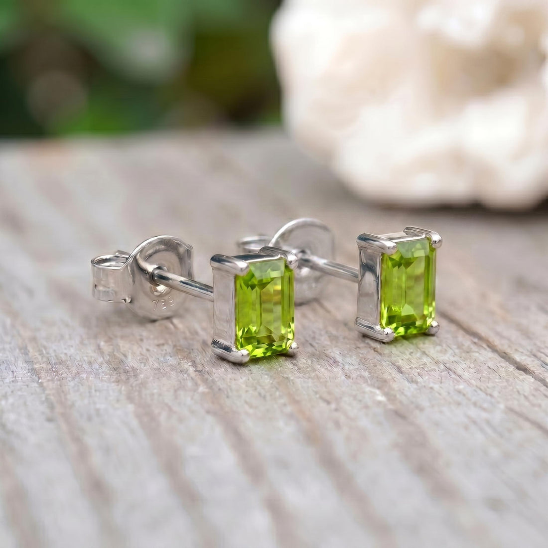 Emerald Cut Peridot Stud Earrings | Sterling Silver Peridot Jewelry | August Birthstone Gift | Dainty Green Gemstone Everyday Earrings