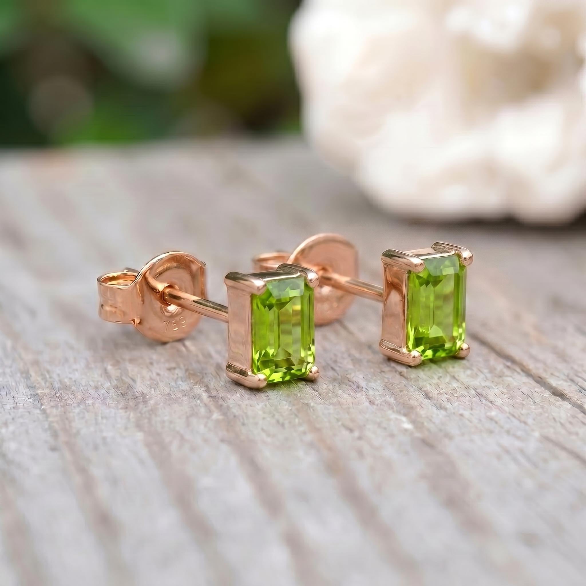 Emerald Cut Peridot Stud Earrings | Sterling Silver Peridot Jewelry | August Birthstone Gift | Dainty Green Gemstone Everyday Earrings