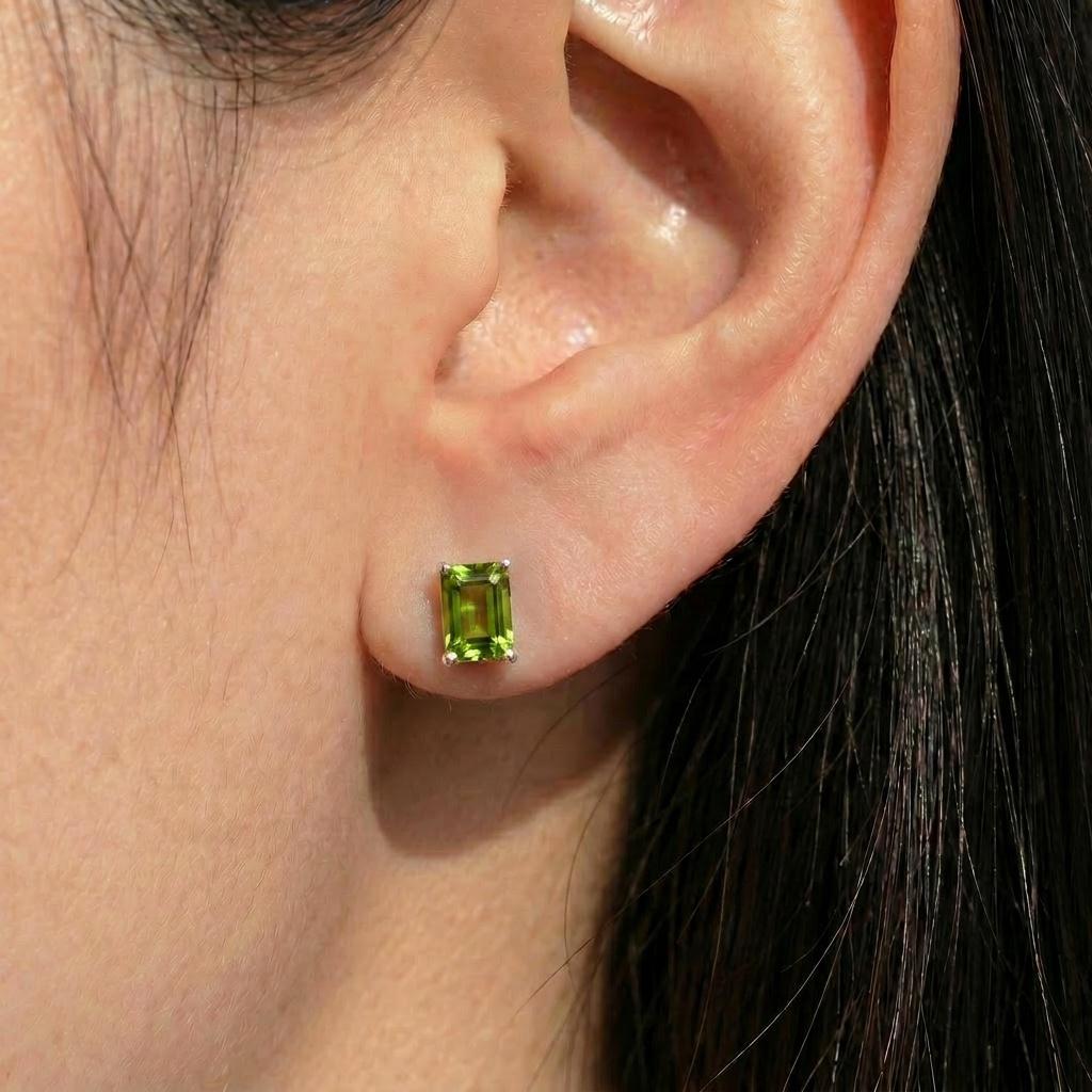 Emerald Cut Peridot Stud Earrings | Sterling Silver Peridot Jewelry | August Birthstone Gift | Dainty Green Gemstone Everyday Earrings