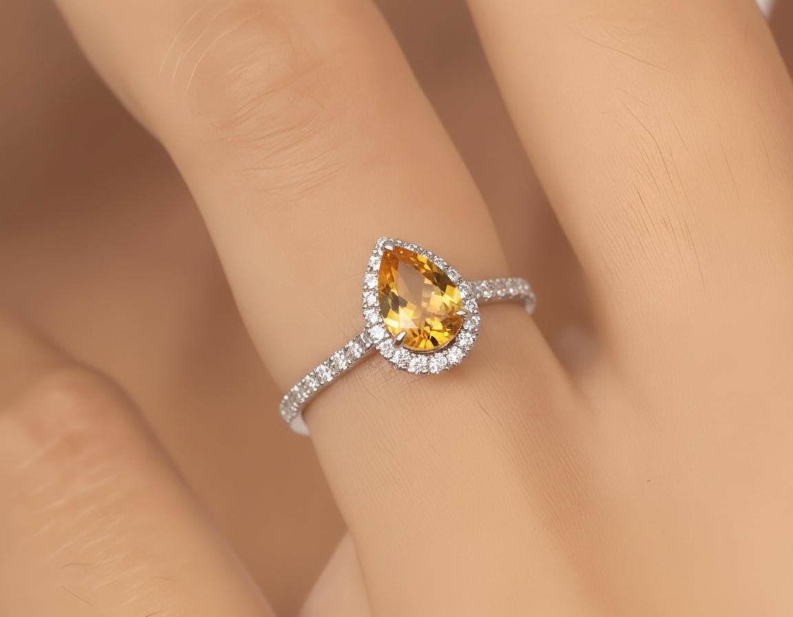 Citrine Birthstone Engagement Ring November Birthstone Ring Halo Engagement Ring 14K Gold Promise Ring Bridal Jewelry Gift for Her