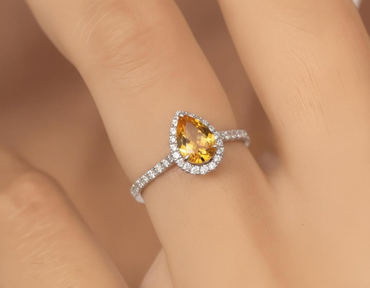 Citrine Birthstone Engagement Ring November Birthstone Ring Halo Engagement Ring 14K Gold Promise Ring Bridal Jewelry Gift for Her