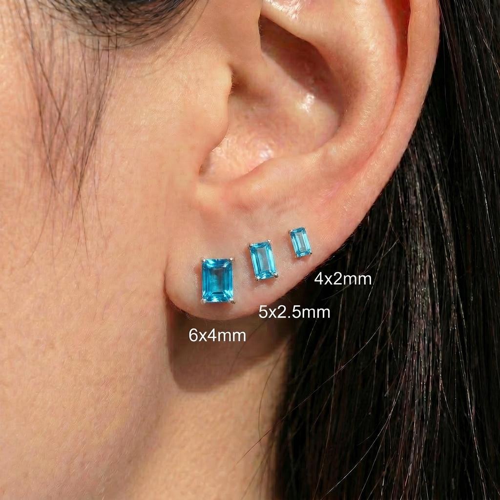 Emerald Cut Blue Topaz Stud Earrings | Dainty December Birthstone Jewelry | Minimalist Everyday Fine Gemstone Gift for Her