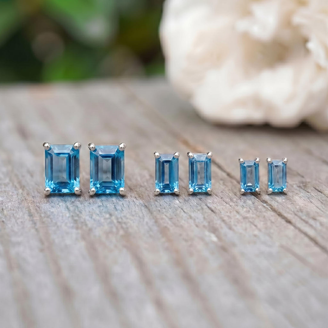 Emerald Cut Blue Topaz Stud Earrings | Dainty December Birthstone Jewelry | Minimalist Everyday Fine Gemstone Gift for Her