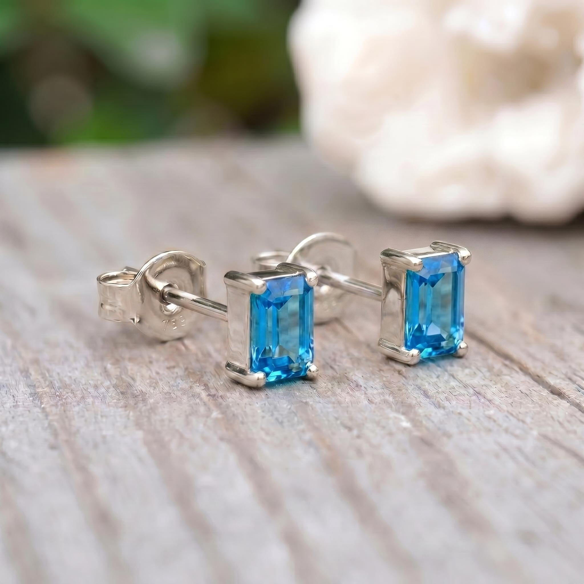 Emerald Cut Blue Topaz Stud Earrings | Dainty December Birthstone Jewelry | Minimalist Everyday Fine Gemstone Gift for Her