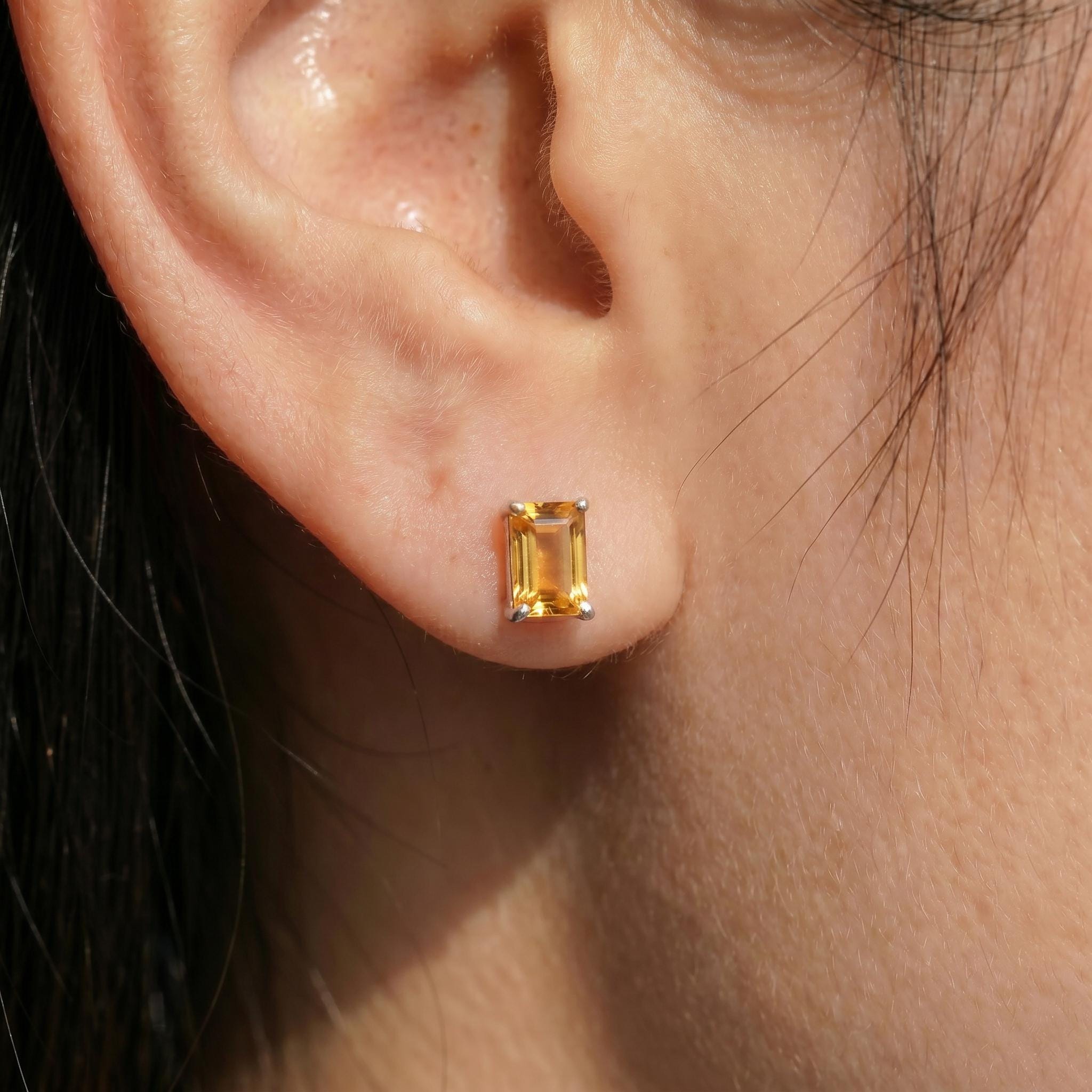Emerald Cut Citrine Stud Earrings | 18K Gold Yellow Gemstone Dainty Minimalist Jewelry | November Birthstone Gift
