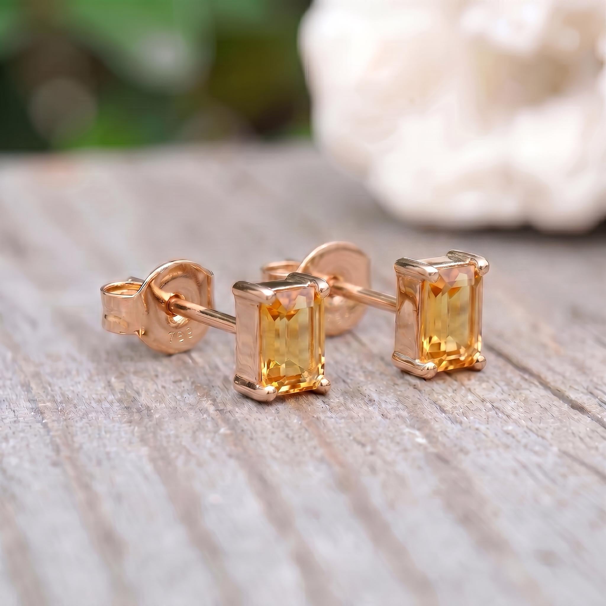 Emerald Cut Citrine Stud Earrings | 18K Gold Yellow Gemstone Dainty Minimalist Jewelry | November Birthstone Gift