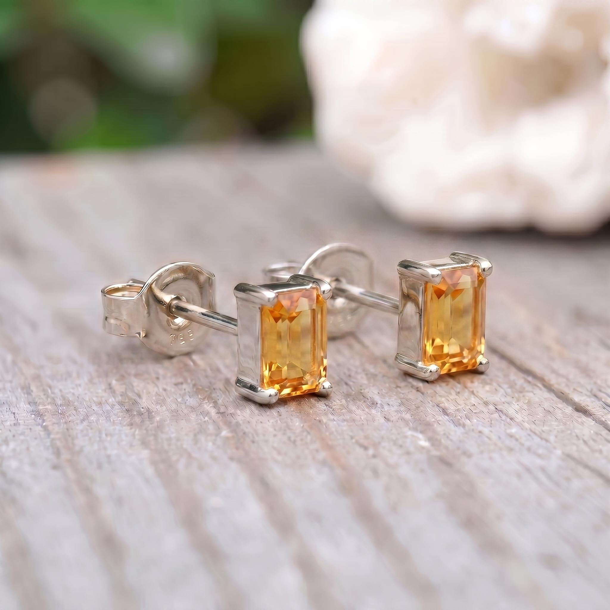 Emerald Cut Citrine Stud Earrings | 18K Gold Yellow Gemstone Dainty Minimalist Jewelry | November Birthstone Gift