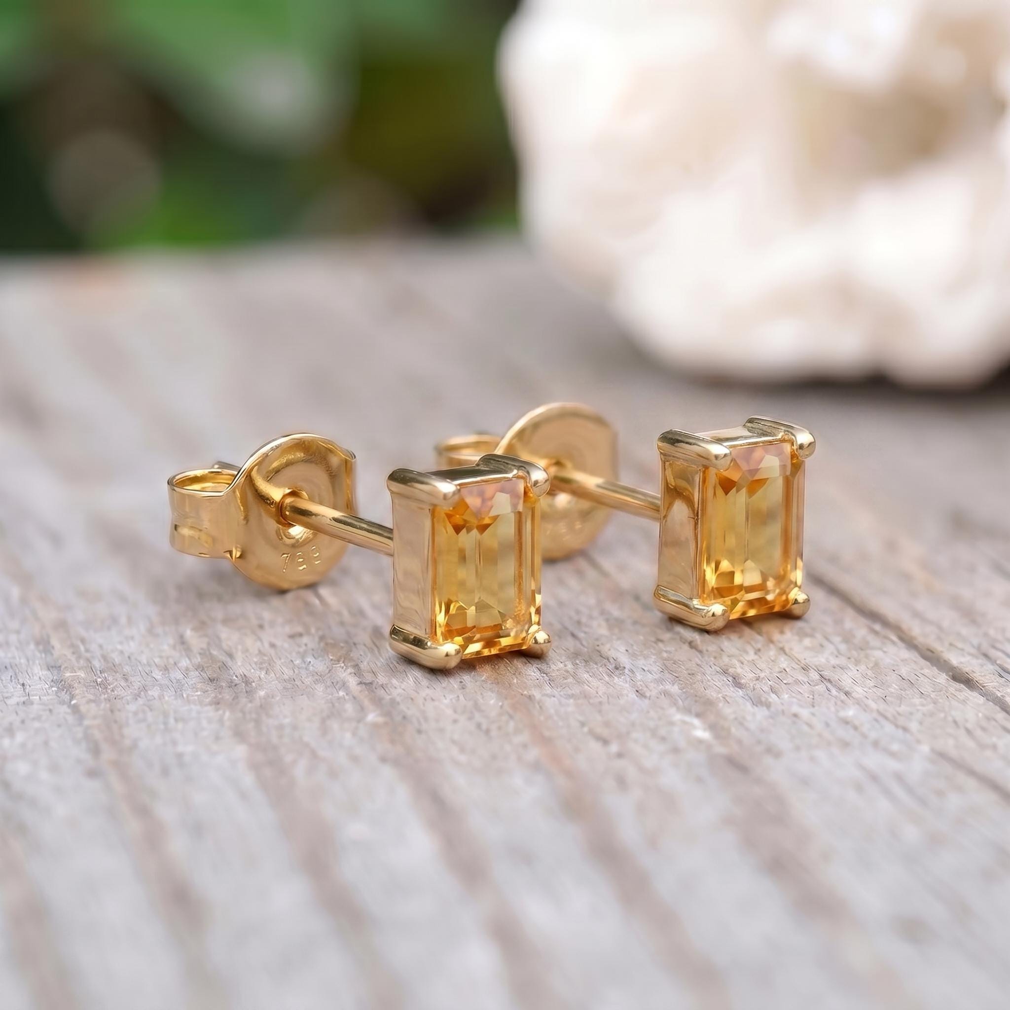 Emerald Cut Citrine Stud Earrings | 18K Gold Yellow Gemstone Dainty Minimalist Jewelry | November Birthstone Gift