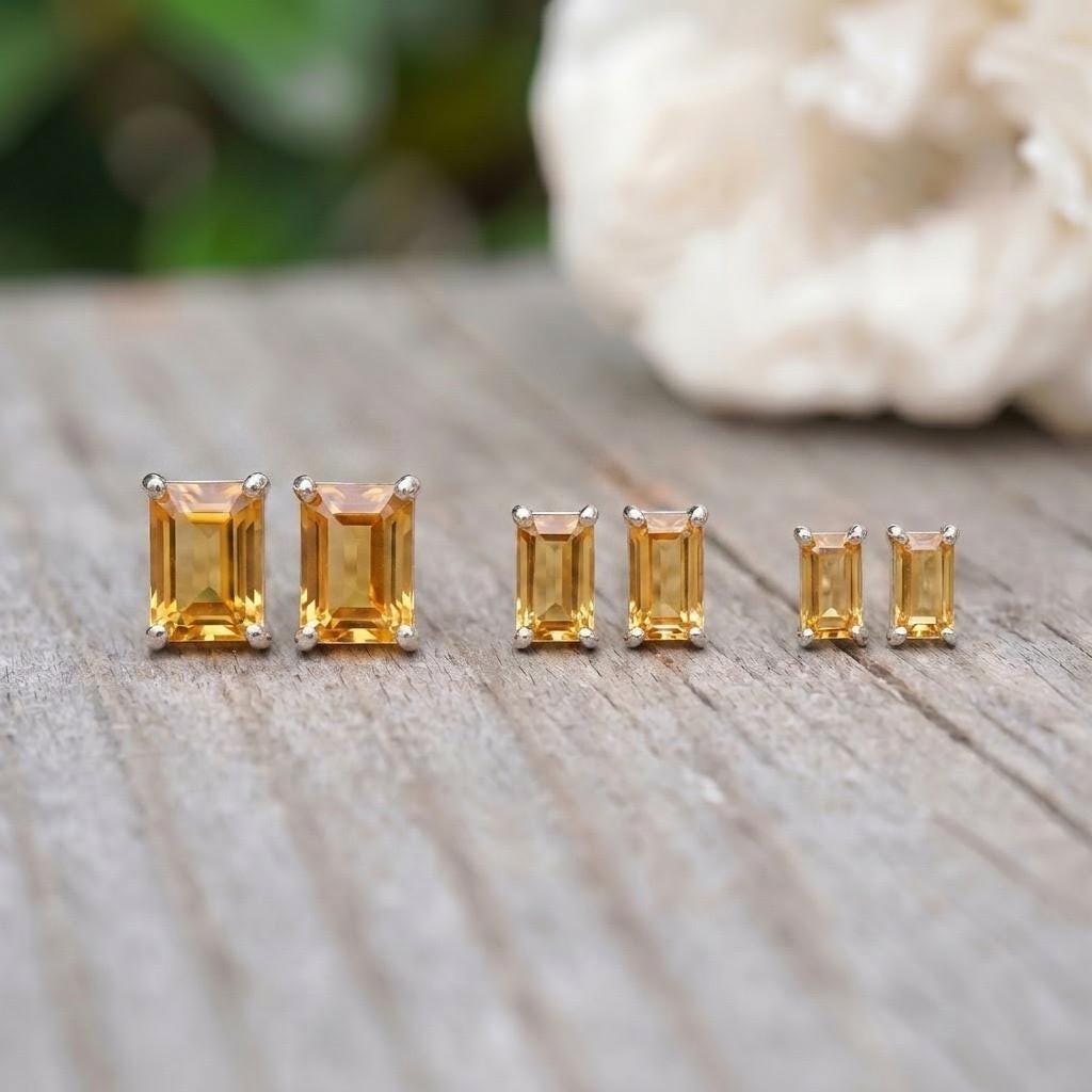 Emerald Cut Citrine Stud Earrings | 18K Gold Yellow Gemstone Dainty Minimalist Jewelry | November Birthstone Gift