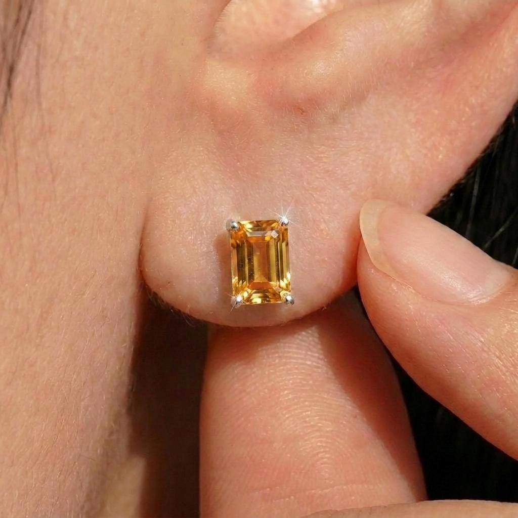 Emerald Cut Citrine Stud Earrings | 18K Gold Yellow Gemstone Dainty Minimalist Jewelry | November Birthstone Gift