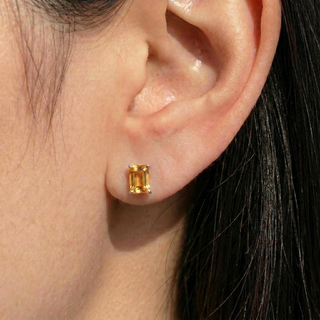 Emerald Cut Citrine Stud Earrings | 18K Gold Yellow Gemstone Dainty Minimalist Jewelry | November Birthstone Gift