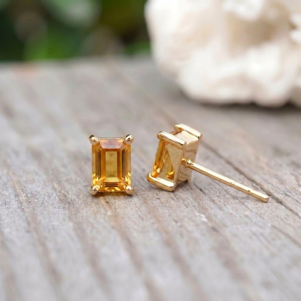 Emerald Cut Citrine Stud Earrings | 18K Gold Yellow Gemstone Dainty Minimalist Jewelry | November Birthstone Gift