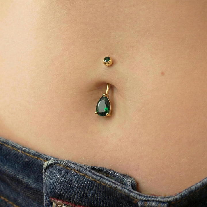 Sparkling Teardrop Emerald Belly Button Ring | Gold Tone Dangle Navel Piercing | Elegant Body Jewelry Gift for Her