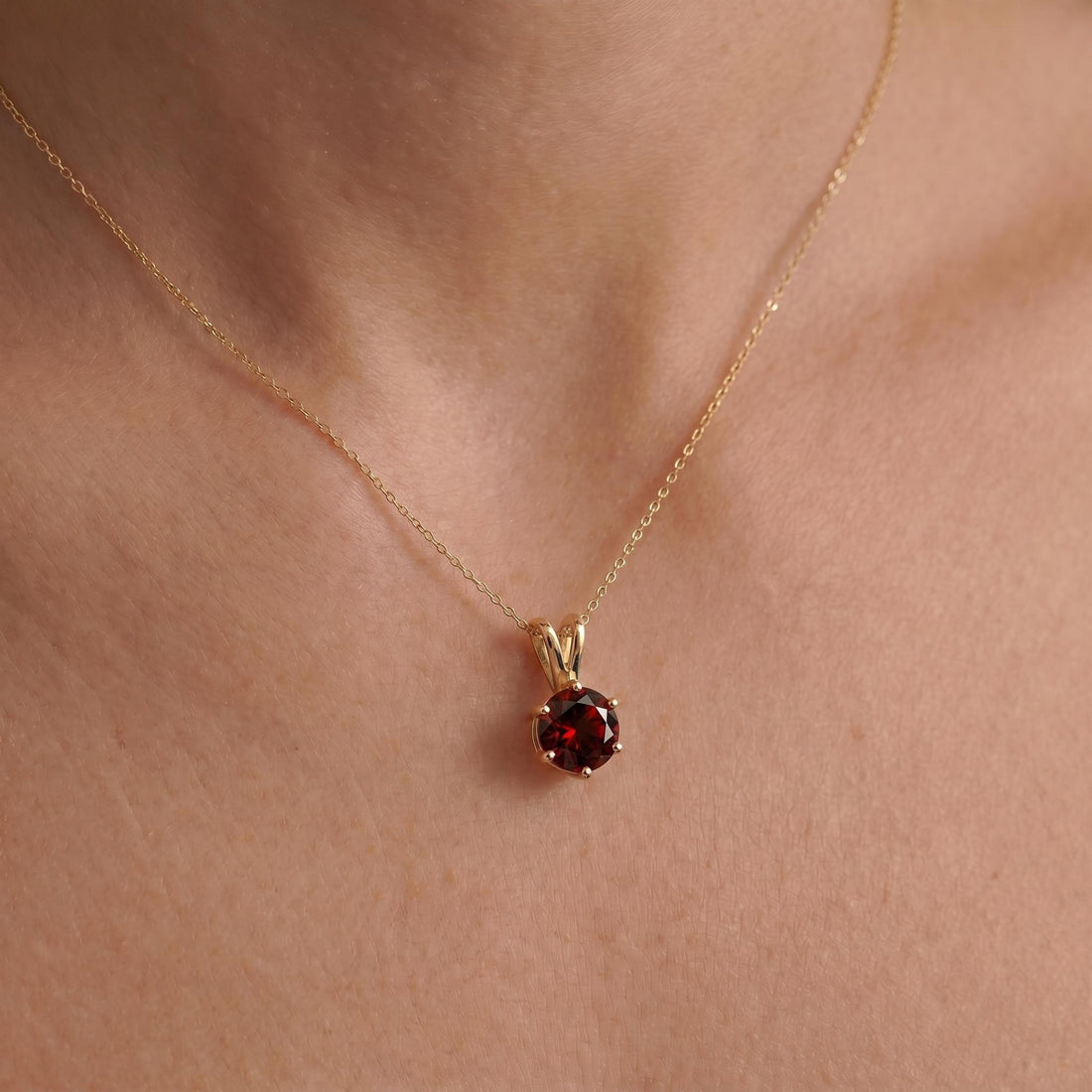 Garnet Necklace Gold, Solitaire Pendant, January Birthstone Necklace, Dainty Red Gemstone Necklace for Her