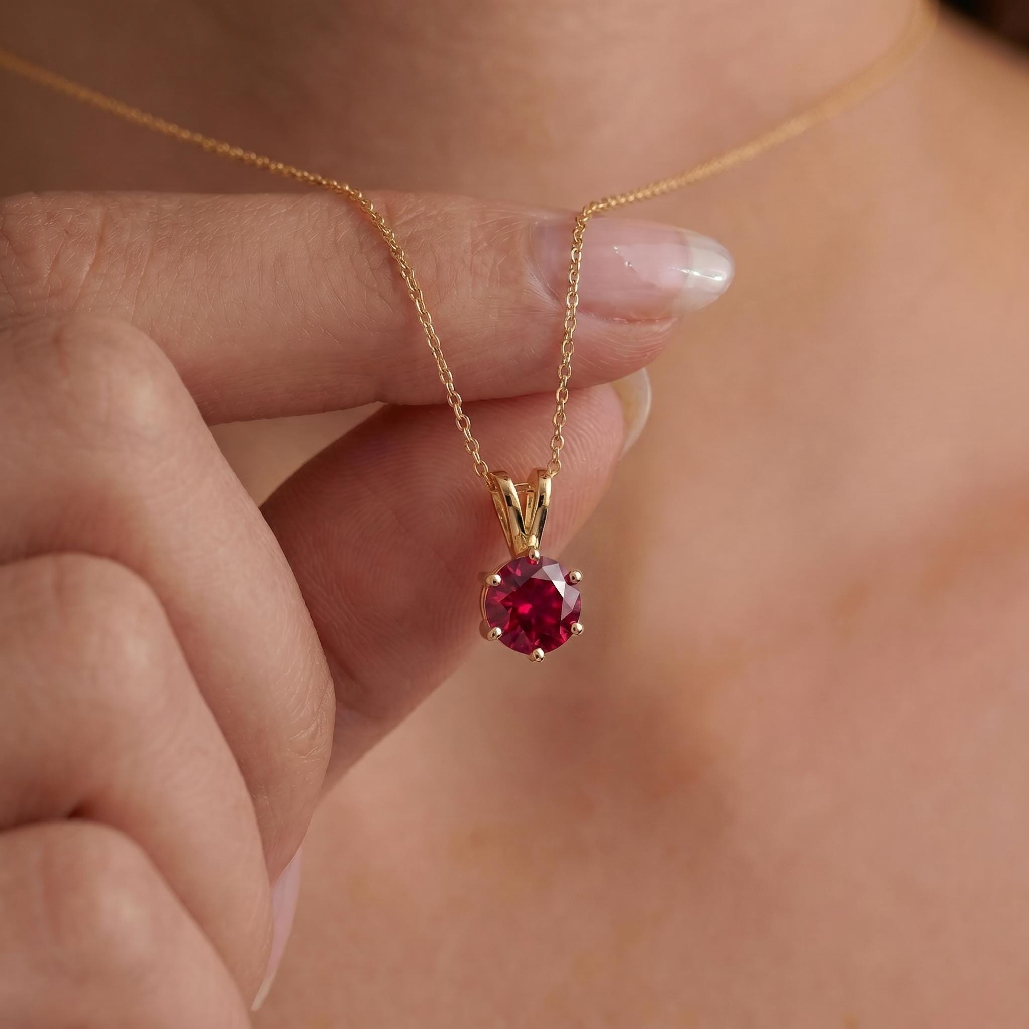 Ruby Necklace, Solitaire Pendant, July Birthstone Necklace, Dainty Red Gemstone Necklace for Her