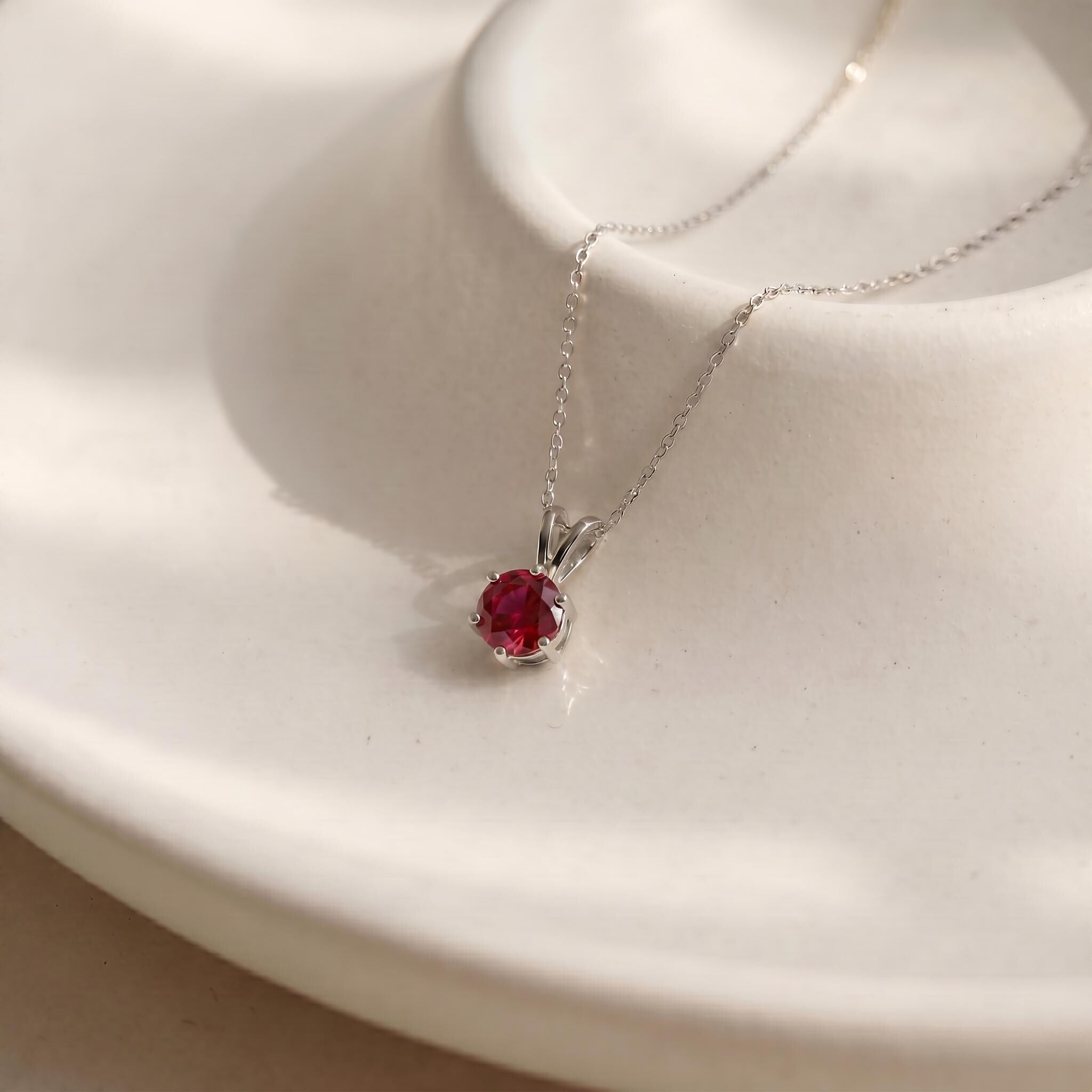 Ruby Necklace, Solitaire Pendant, July Birthstone Necklace, Dainty Red Gemstone Necklace for Her
